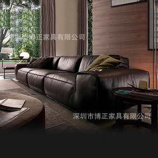 Italian Minimalist First-Layer Cowhide Sofa Living Room Light Luxury Style Black Leather Thick Leather Large Black Cow Three-Seater