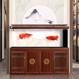 yee新中式龙鱼缸大型家用底过滤超白玻璃实木色水族箱金鱼锦鲤缸