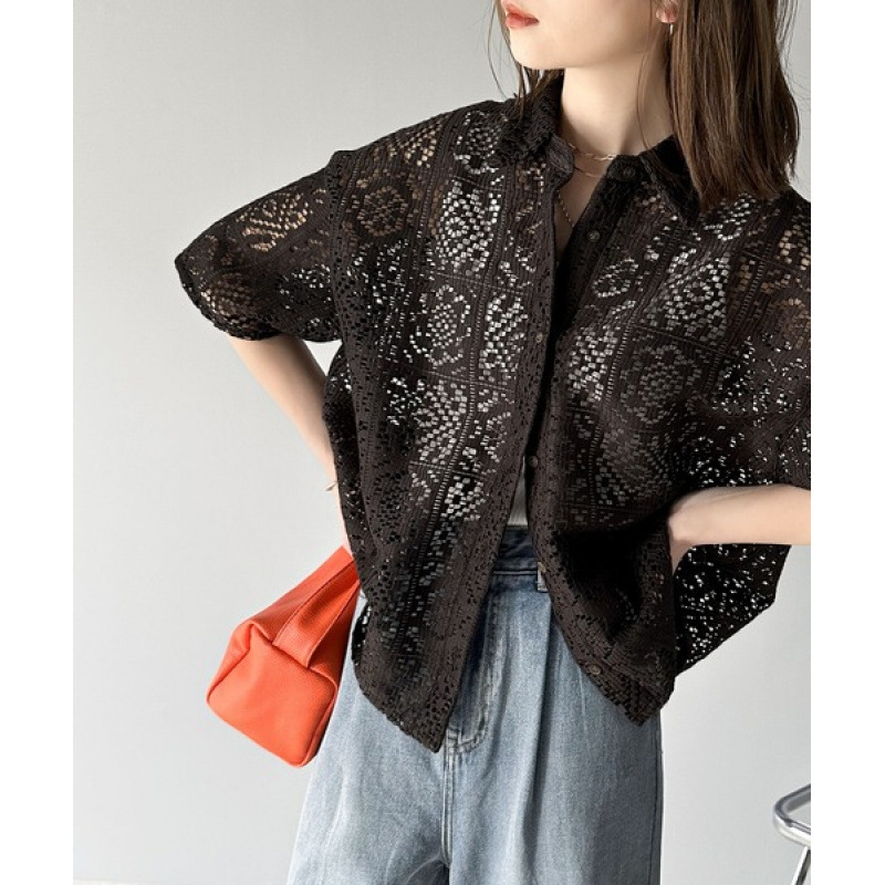 Korean and Japanese style foreign trade petite women's loose-fitting breathable crochet block lace short-sleeve shirt