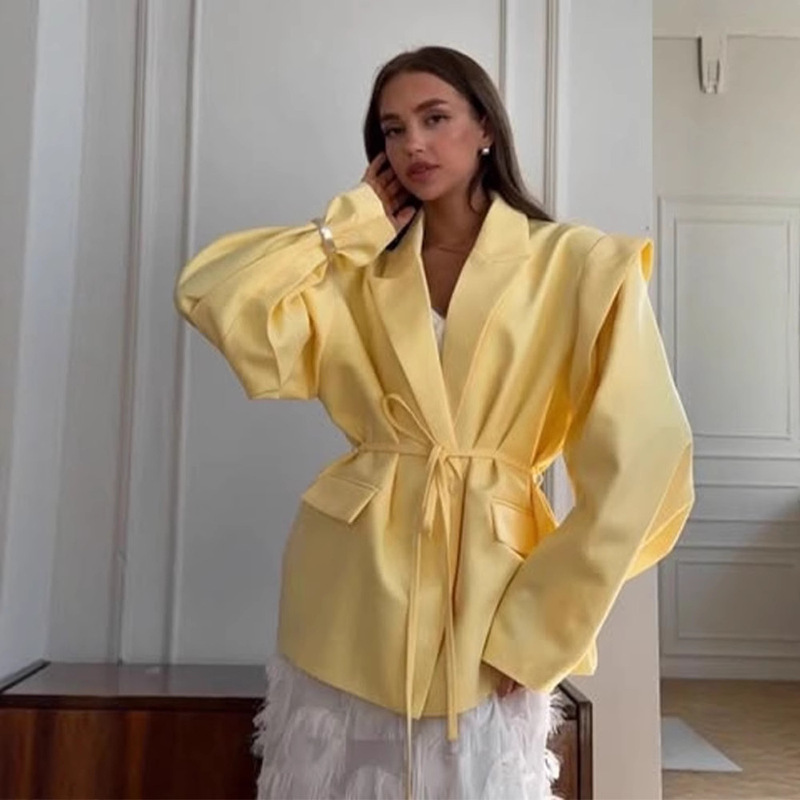 European and American Amazon 2025 Spring New Temperament Commuter Lace-up Shoulder Pad Solid Color Suit Jacket Loose Top