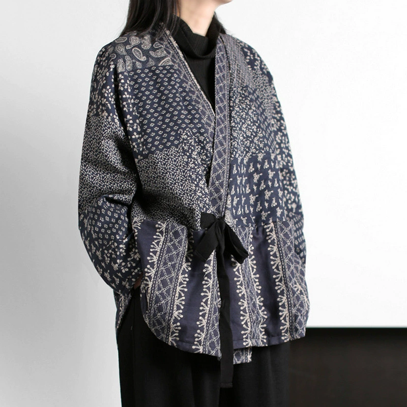 2023 осенне-зимняя винтажная синяя одежда в этническом стиле, фарфоровая двойная утолщенная хлопковая льняная Свободная куртка на шнуровке