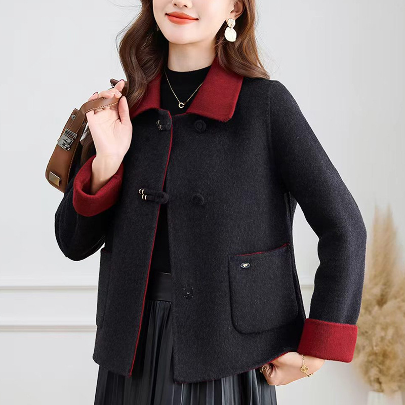 Heavyweight 2026 New Chinese Style Short Cashmere Double-Sided Wool Coat with Folded Buttons, Women's Winter Color Block Wool Coat Wholesale