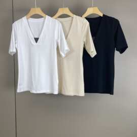 南油篙品26春夏新款BC纯色V领钉珠棉短袖上衣时尚显瘦通勤女装T恤