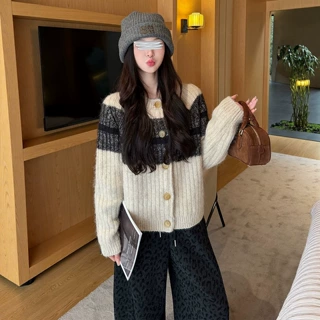 秋冬新款圆领针织开衫女宽松慵懒风毛衣外套韩系休闲上衣长袖