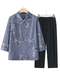 2025 Spring and Summer New Grandma Three-Quarter Sleeve Shirt Suit Women's Summer Thin Slimming Casual Two-Piece Suit for the Elderly