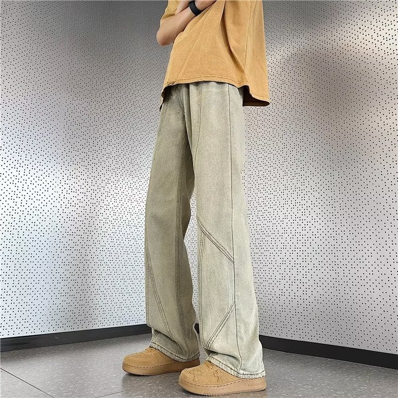 Pantalones retro estadounidenses, jeans teñidos de barro amarillo lavados de la marca de moda de la calle alta, jeans rectos delgados para hombres