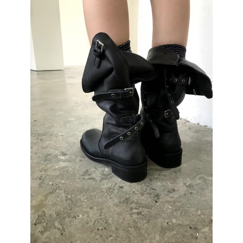 Cowhide Korean Niche Flip-Top Two-Wear Boots, Pile Boots, Women's Belt Buckle Motorcycle Boots, Mid-Calf Western Boots