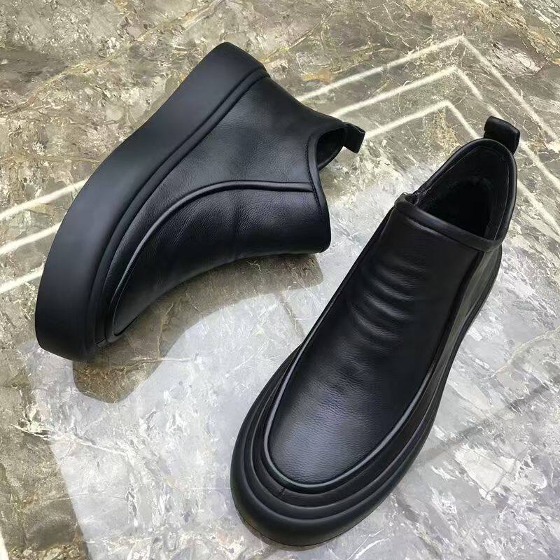 Bốt Martin nam cổ cao kiểu Chelsea da thật lót bông giữ ấm, gót thấp 1–3 cm — Màu đen cotton, Màu đen đơn