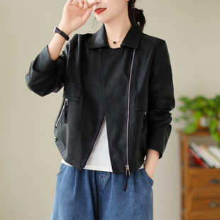 [Xiang] Spring Fashion Women's Short Elegant Leather Jacket New Lapel Oblique Zipper All-match Mother's Short Jacket