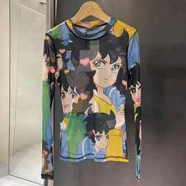 春夏漫画印花网纱T恤女2026新款ins超火辣妹设计感修身打底衫