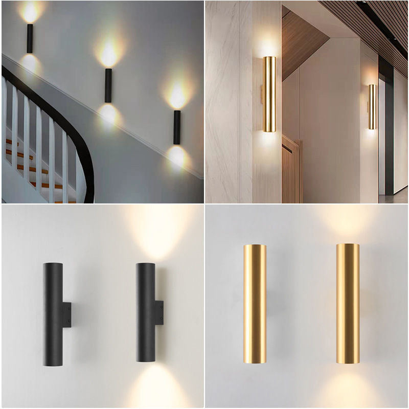 Modern minimalist LED double-headed golden cylindrical wall lamp hotel living room background wall aisle corridor bedroom bedside lamp Modern minimalist LED double-headed golden cylindrical wall lamp hotel living room background wall aisle corridor bedroom bedside lamp