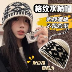 秋冬渔夫帽子女复古拼色菱形格子针织毛线帽显脸小盆帽包头冷帽韩