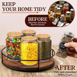 可旋转木质托盘厨房调味料收纳盘圆形化妆品架铁艺木制桌面收纳盘