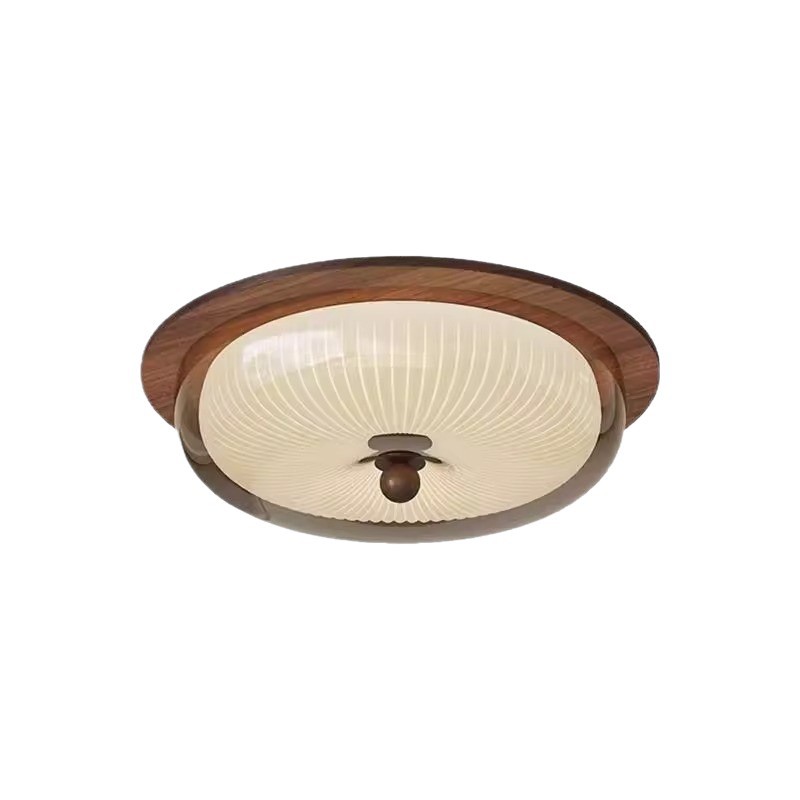 Lámpara de techo de dormitorio de estilo antiguo francés, color nogal retro, vidrio de madera maciza, LED circular, luz de protección ocular de espectro completo