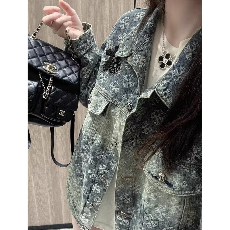2025 New Heavy Jacquard Cross Denim Jacket Men's New Retro Design Loose and Versatile Casual Top