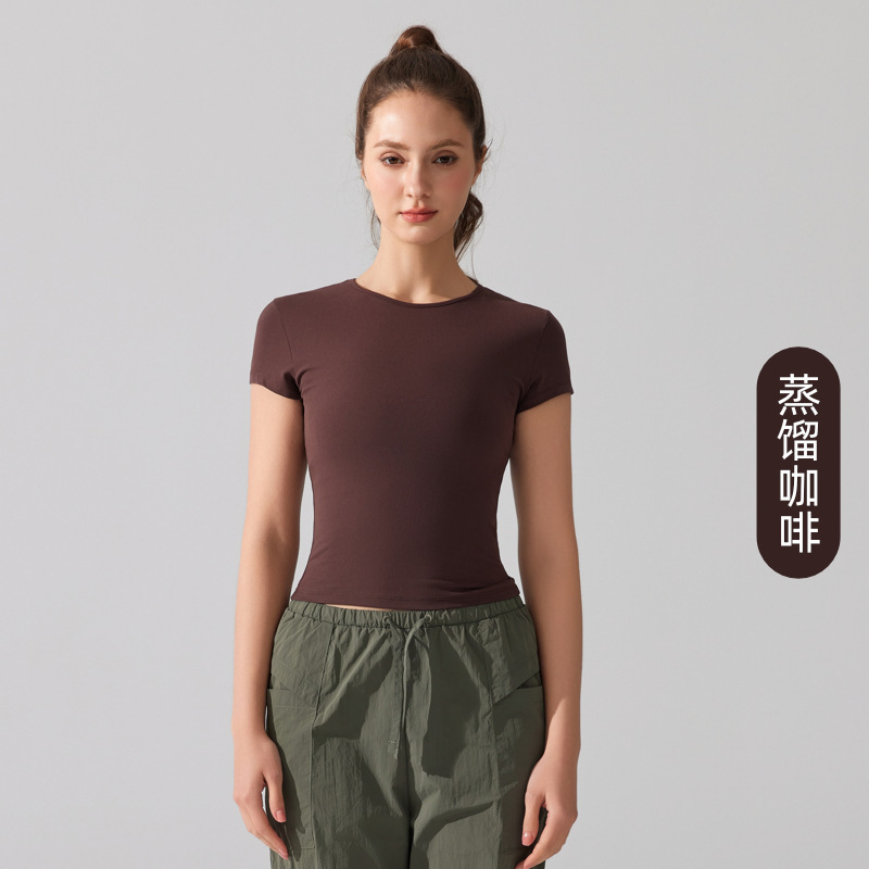 欧美圆领休闲运动短袖透气速干瑜伽T恤收腰修身跑步健身背心上衣|undefined