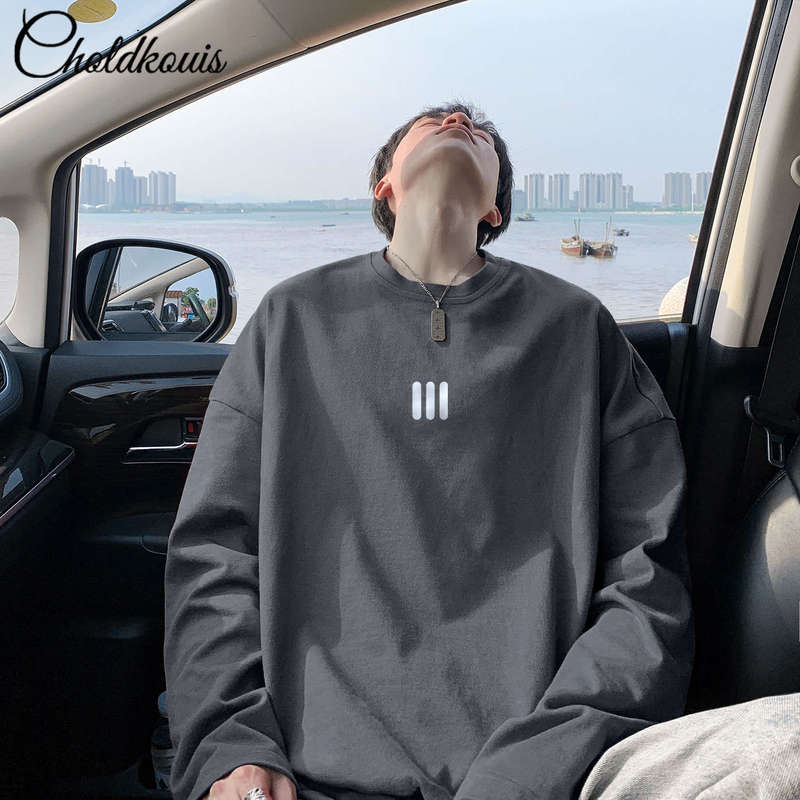 Men's Long-Sleeved Black Velvet Cotton Top with Round Neck Autumn and Winter Bottoming Shirt