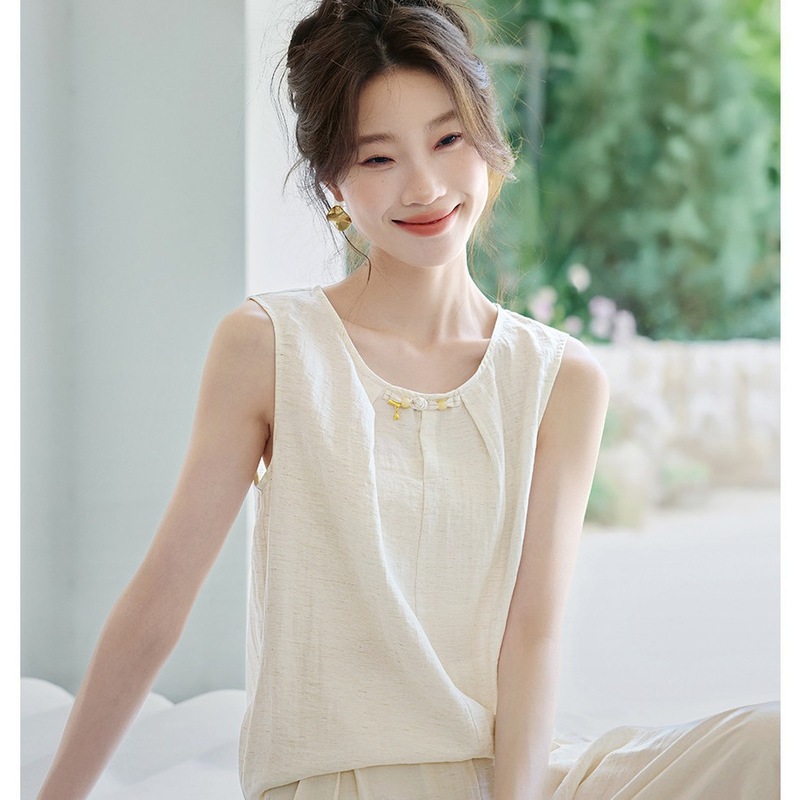 简约圆领新中式盘扣无袖衬衫女夏季新款宽松休闲薄款背心衬衣小衫|undefined