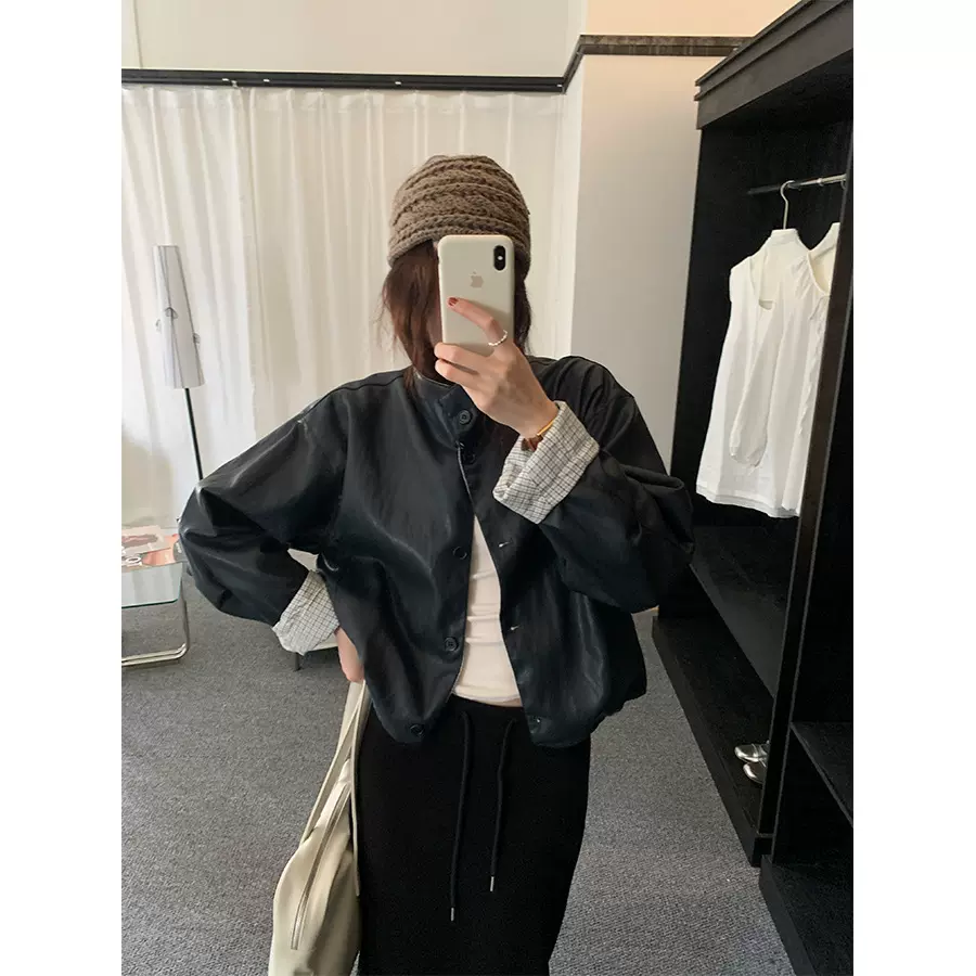 黄峥复古立领两面穿短款皮衣外套秋冬韩系百搭机车夹克上衣541025