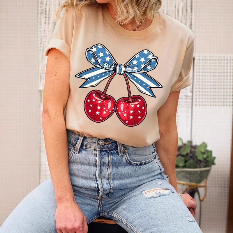 Shrimp skin shein women's clothing European and American cherry flag printed sweater July 4 Independence Day fashion street pure cotton T-shirt