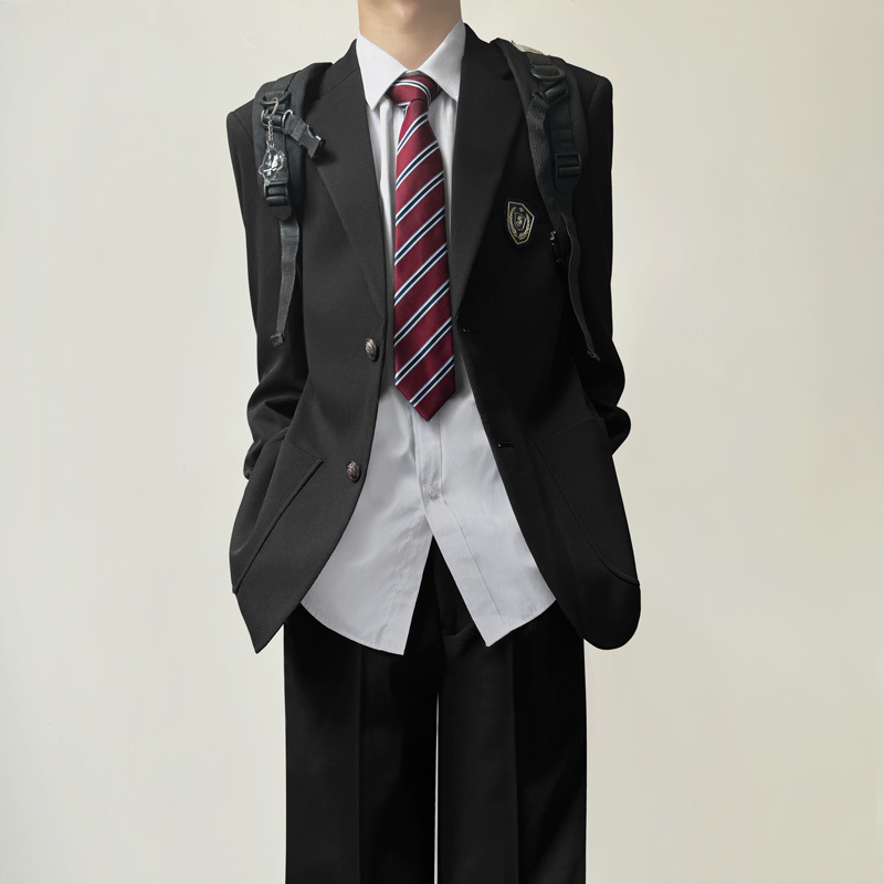 Men's black long suit with two buttons outside flap pocket pants + men's white long-sleeved shirt + red stripes tie + black serge fabric pants