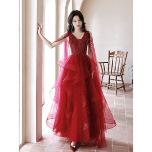 Evening Dress Female High-End Red Super Fairy Gauze Summer Host V Neck Toast Dress Bride High-End Main Wedding Dress