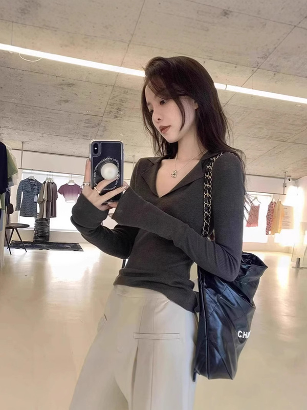 v领长袖针织打底衫女2025秋季polo领设计感小众修身内搭毛衣上衣|undefined