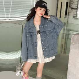 秋季中大女童牛仔外套童装儿童2026女孩钉珠翻领休闲牛仔衣洋气潮