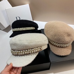 フランス式の小さい香風の真珠のミンクの毛の海軍の帽子の秋冬の新型のぬいぐるみの保温のアヒルの舌の帽子の屋外の八角の帽子の女性