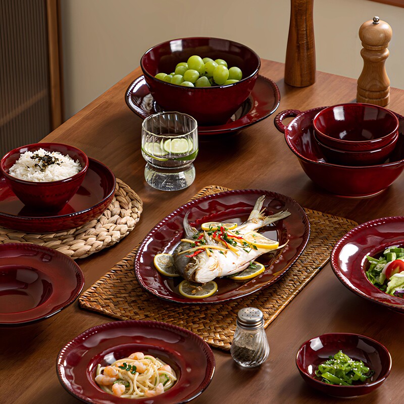 Kiln-Turned Red Dishes and Plates Set for Home High-End Underglaze Color Art Plates Retro Style Commercial Ceramic Tableware
