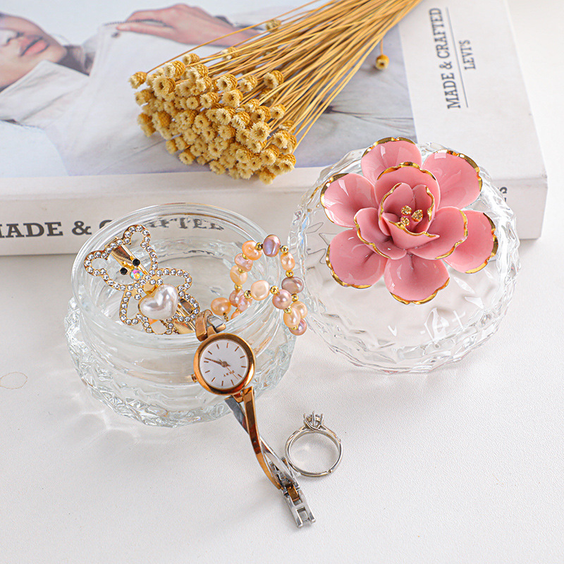 Calidad casa de lujo luz exquisita chica corazón cerámica flor oro vidrio caja almacenamiento joyería Regalo boda