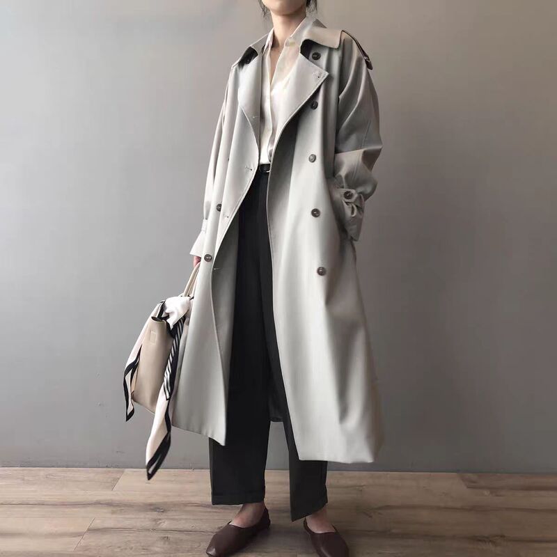 Mid-Length Windbreaker for Women in Spring and Autumn, British Style High-End Coat with Double-Breasted Design, Casual and Drapey Outerwear