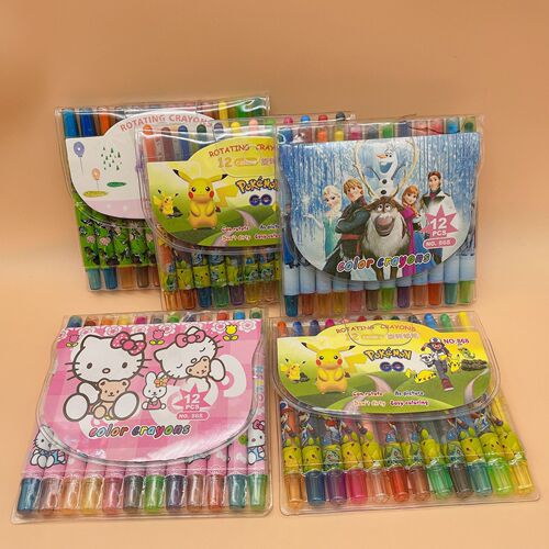 Cartoon Pikachu rotating crayon 12-color primary school student painting crayon does not dirty hands 12-color rotating crayon oil paint brush
