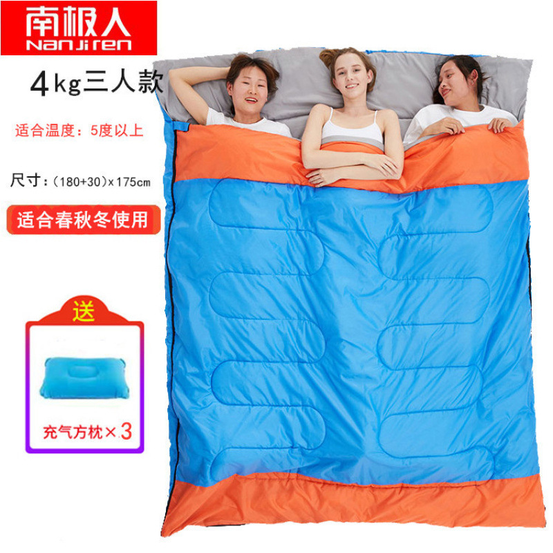 Saco de dormir azul y naranja para tres personas de 4,0 kg viene con 3 almohadas cuadradas --- gran oferta