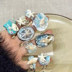 天然海藍貝殻海螺水晶石ビーズリング