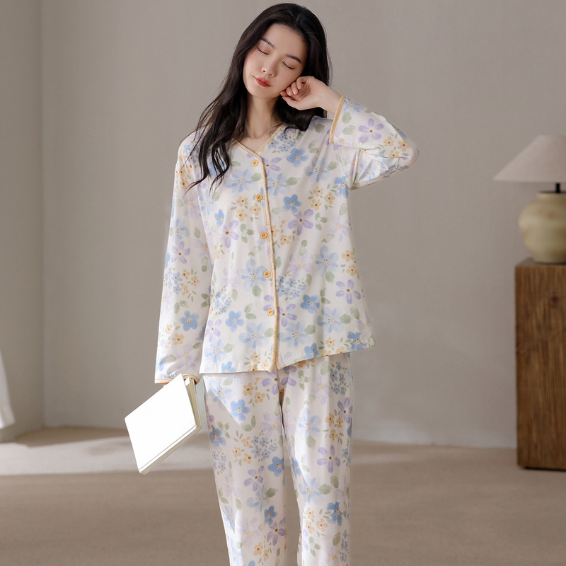 网红纯棉秋季睡衣女和服V领开衫气质晕染蓝长袖长裤春家居服套装|undefined
