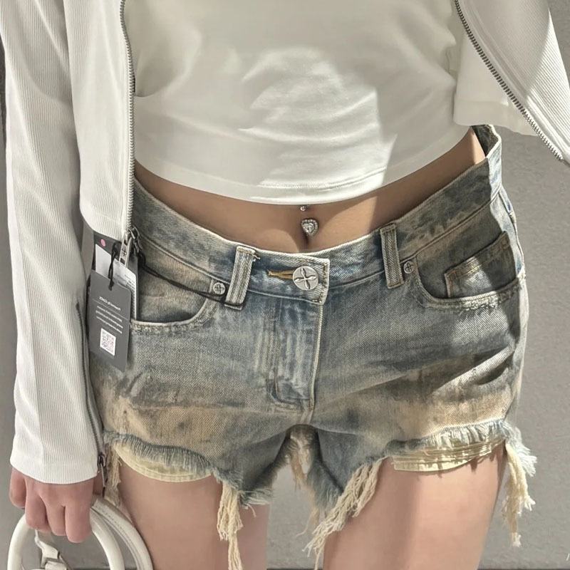 Smfk Phantom Statue Denim Shorts Cotton Casual Ripped Vintage Washed Hot Girl Hot Pants Design Straight-Leg Pants