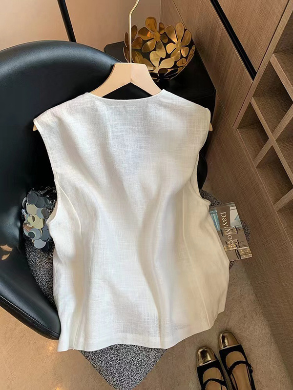 フレンチビーズ刺繍Vネックリネンベストレディース夏新作オールドマネースタイルファッショナブルなシングルブレストノースリーブベスト|undefined