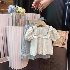 Girls' Set 2024 Summer New Children's Korean Style Forest System Embroidered Doll Shirt + Checkered Wide Leg Pants
