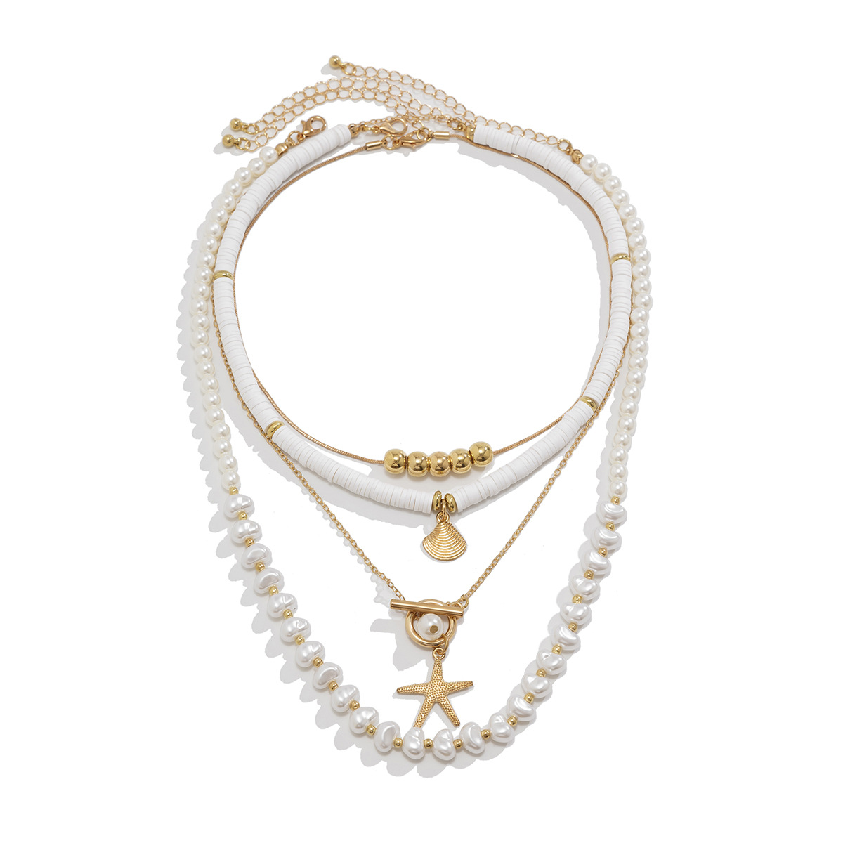 Women's Gender Bohemian Starfish Shell Imitation Pearl CCB Alloy Soft Clay Beaded Chain Cable Chain Layered Necklaces Wholesale