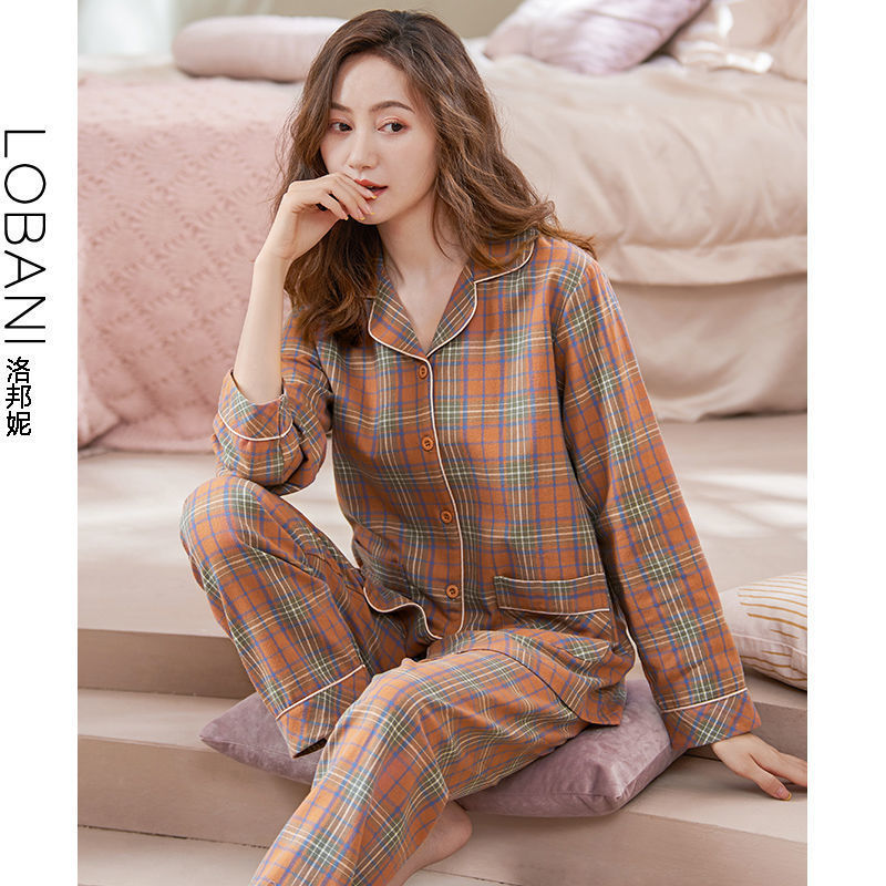 100% pijamas de algodón de primavera y otoño de las mujeres de manga larga cardigan conjunto de dos piezas se puede usar fuera de casa traje de desgaste