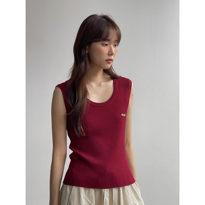 [Round Face Vest 3 Color] Song Ming Iron Plate Letter Wool Knitted Top Autumn New Sling Outer Wear N100B