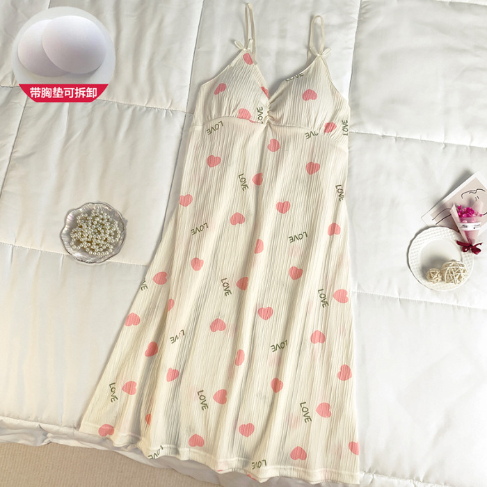 Verano nuevo estilo dulce amor camisón falda media femenina con almohadilla en el pecho lindo algodón imitación pliegue tirantes hogar camisón delgado