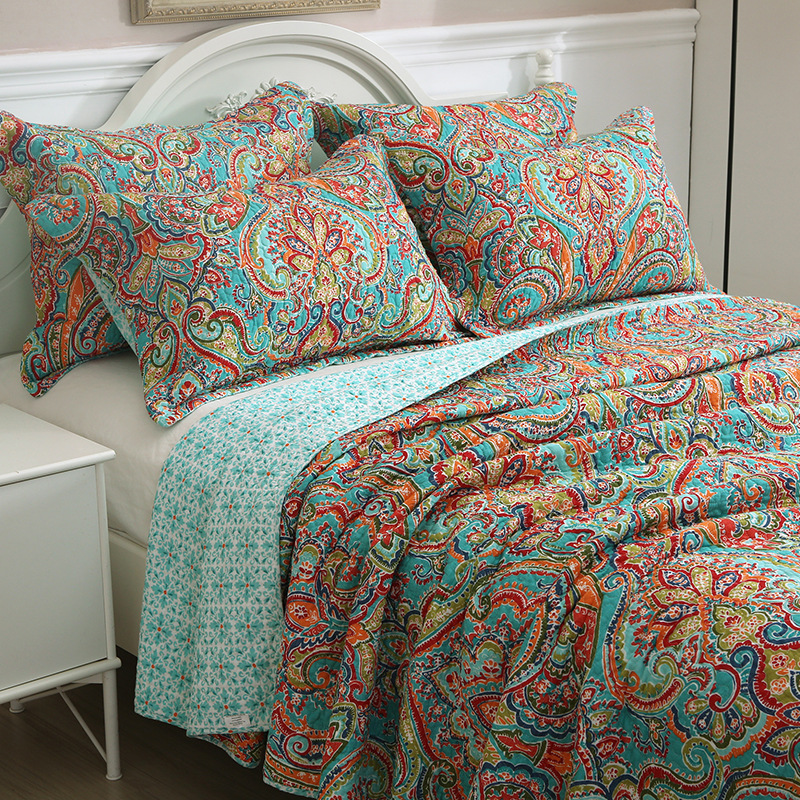 Couette en coton délavé à fleurs de style américain, couette en coton pur, housse de lit pastorale, ensemble de trois pièces, couette imprimée d'été fraîche et respirante avec climatisation_voghion.com