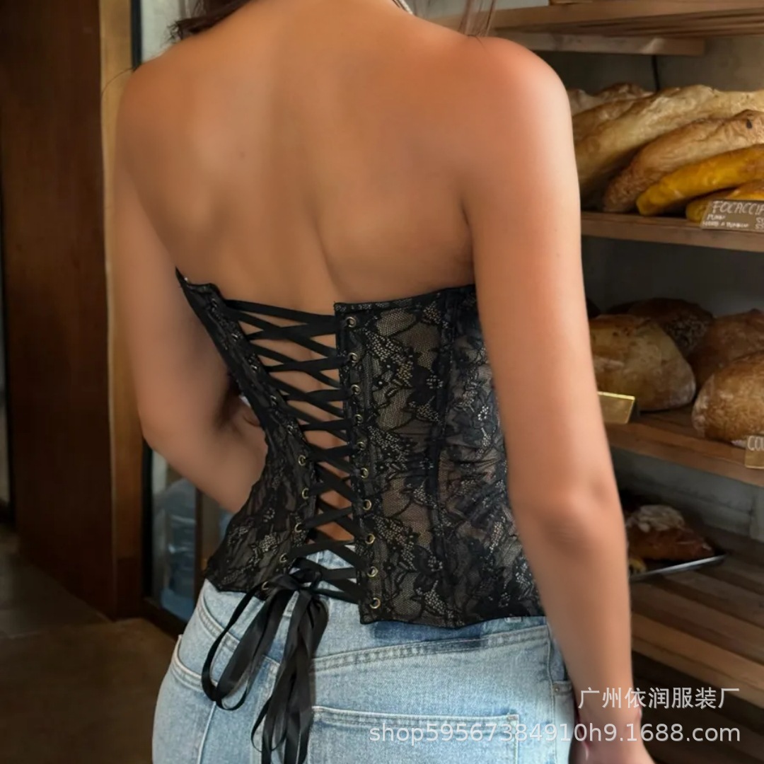 Amazon nueva seducción de la hermana imperial de encaje sexy nicho de diseño sensación de correa de hueso de pescado cintura retraída de espalda expuesta blusa de pecho image 4