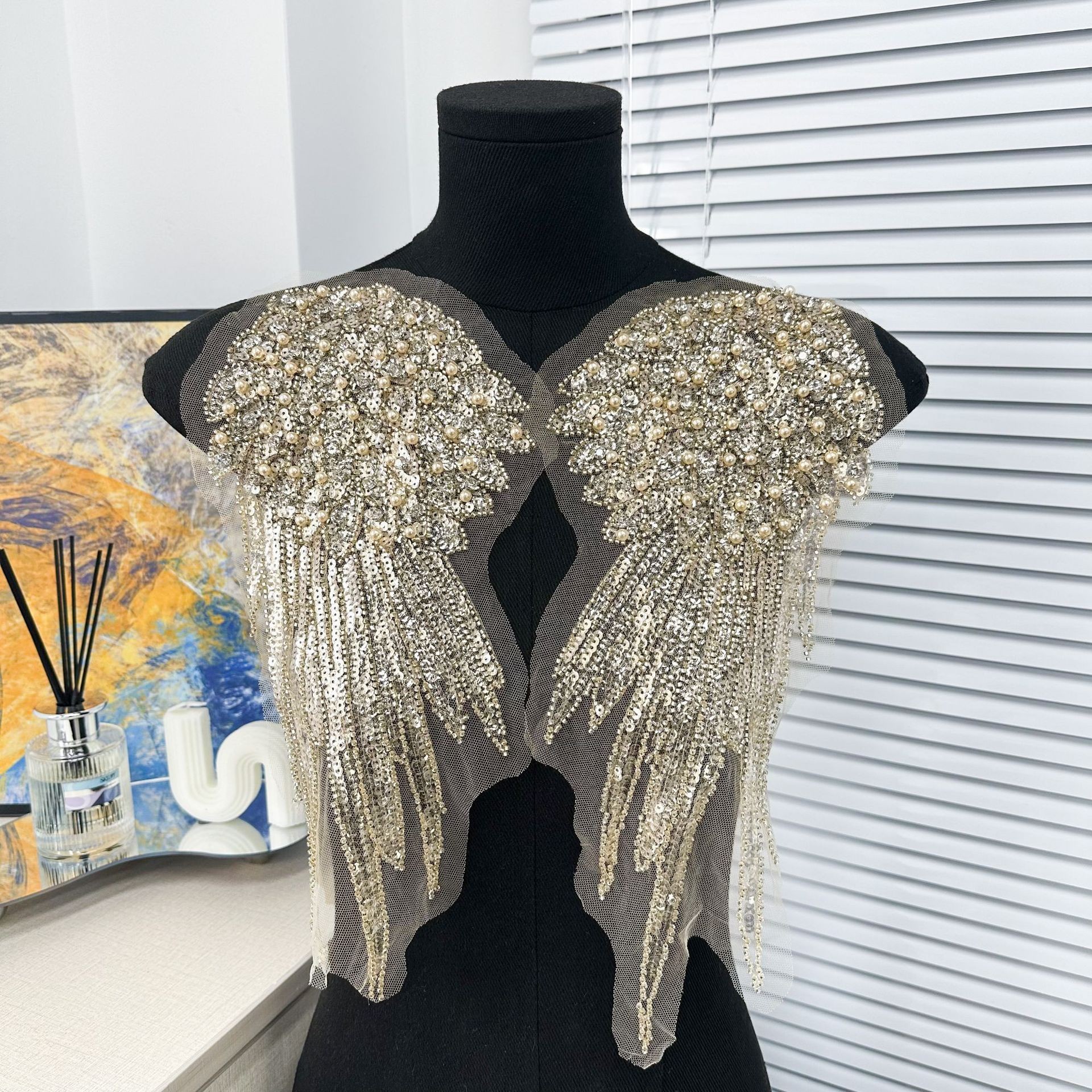 Ultra-pesado mano brillante perla ángel alas de arroz cuentas esquinillas grandes alas vestido de boda accesorios de ropa de actuación
