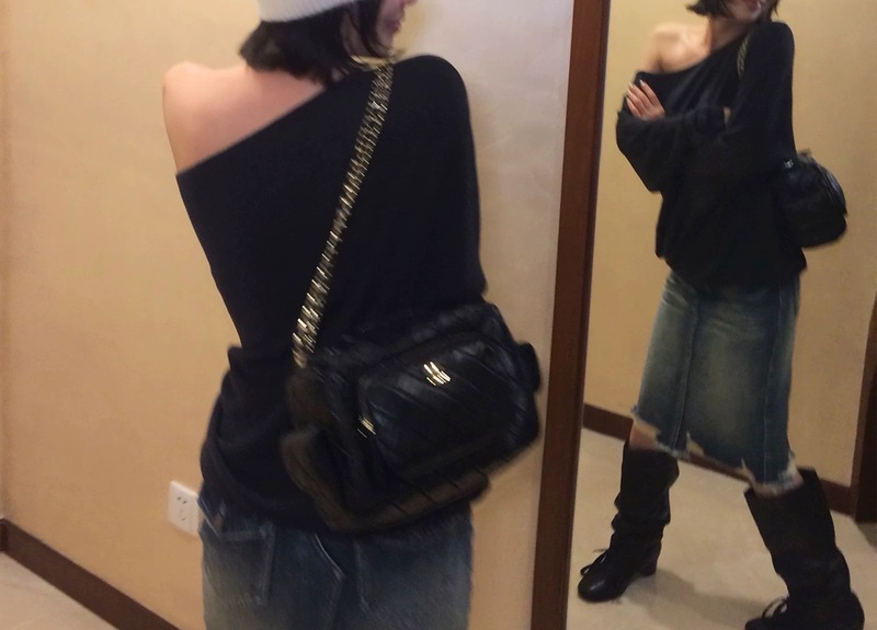 SUNONEON 宽松慵懒斜肩露肩长袖针织衫女早秋薄高级感休闲衣|undefined