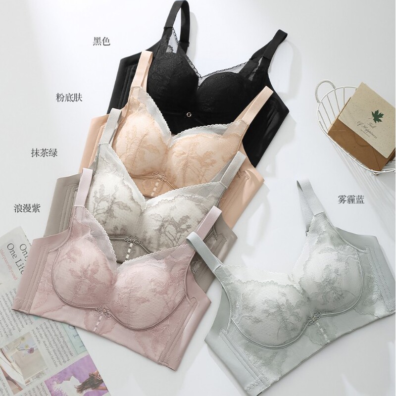 Highly stylish Chinese-style lace small bust push-up smooth cup wireless bra for women, no empty cup, adjustable bra