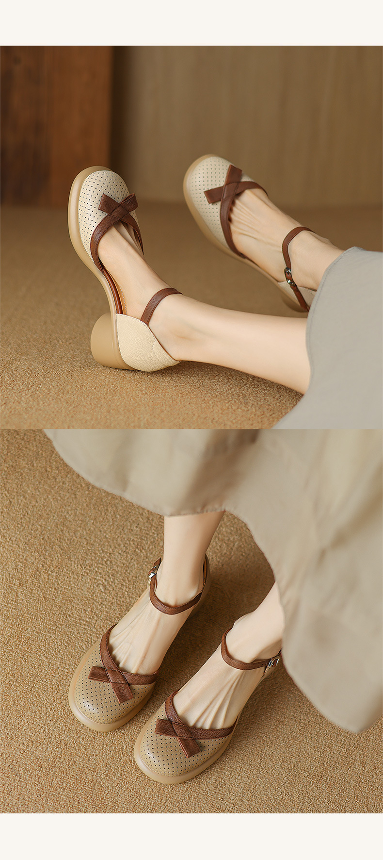 Sandal nữ bít mũi đục lỗ da cừu, quai ngang thắt nơ, gót vuông đế dày — Màu trắng be chi tiết 9