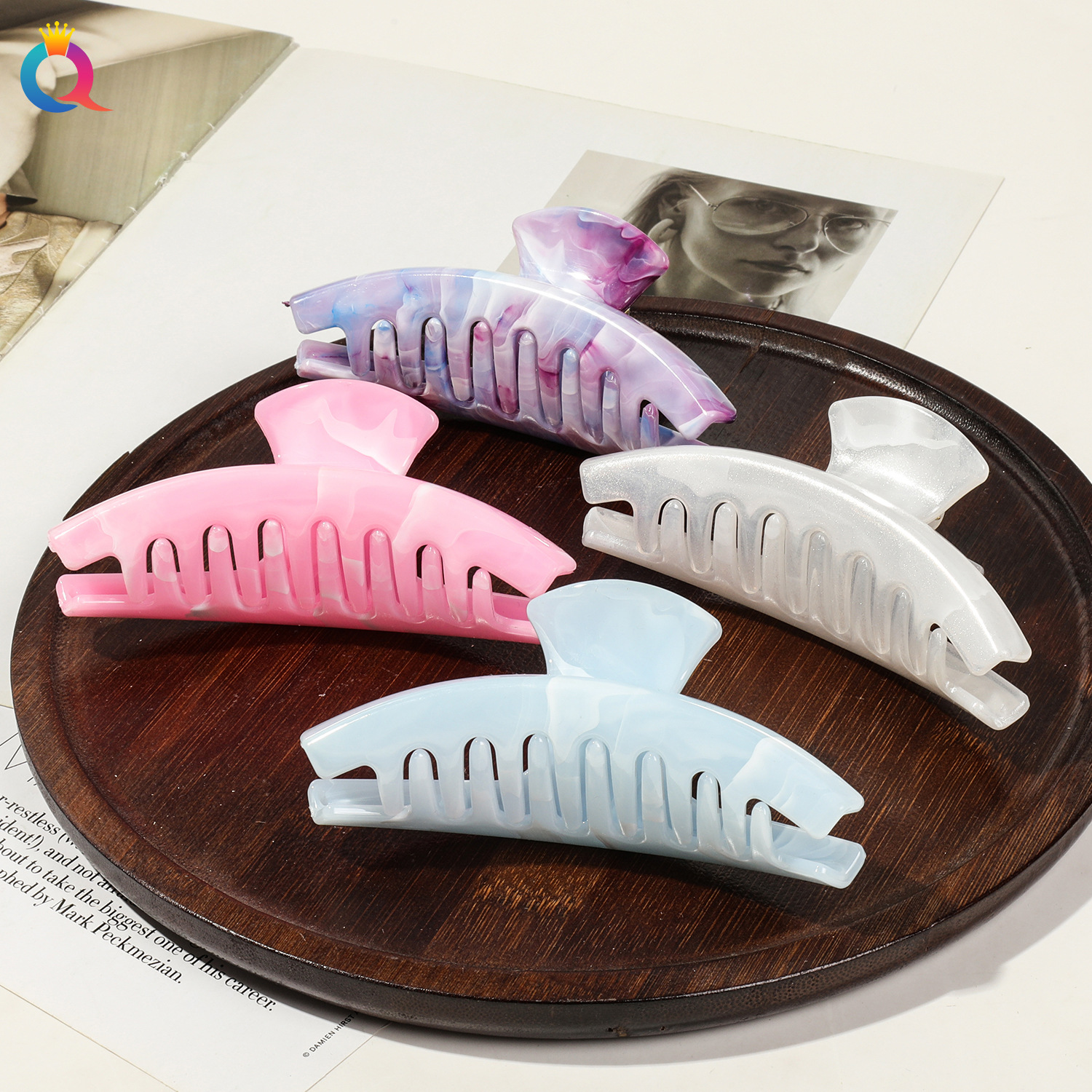 Qiyue Grenzüberschreitende neue bunte Pulvermarmor High-End Haarspange, koreanische Fischgrät-Haarspange Haarspange für die Rückseite des Kopfes Hai-Haarspange